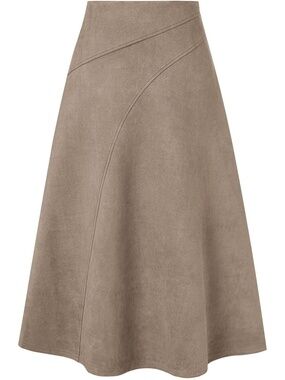 Kate Kasin Women's Khaki High Waist A-Line Faux Suede Midi Skirts